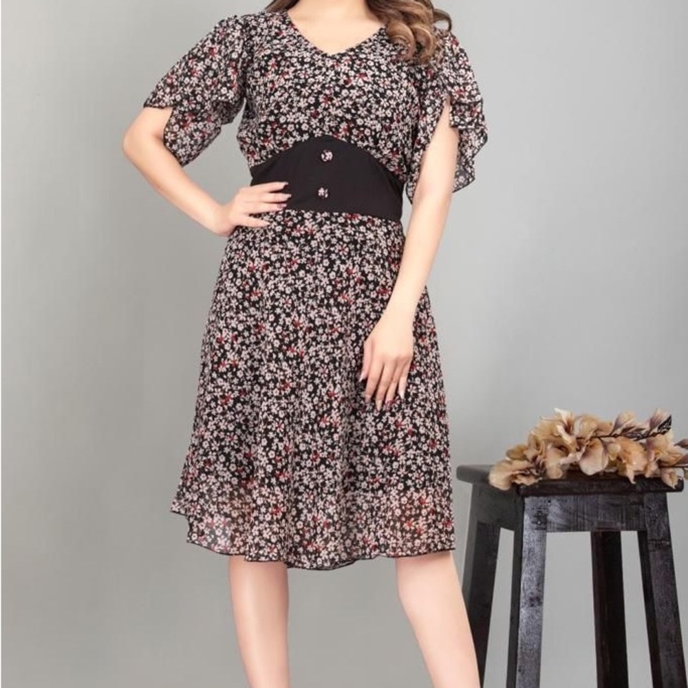 Ethnic Indian Wear Pink and White Flutter Sleeve Midi Dress